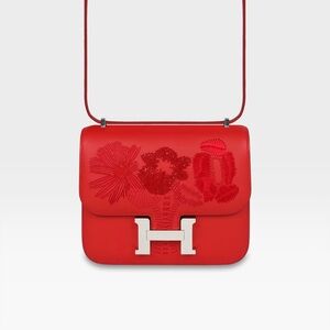 Hermès - Constance 18 - Rouge De Coeur Dancing Flowers Embroidered Swift